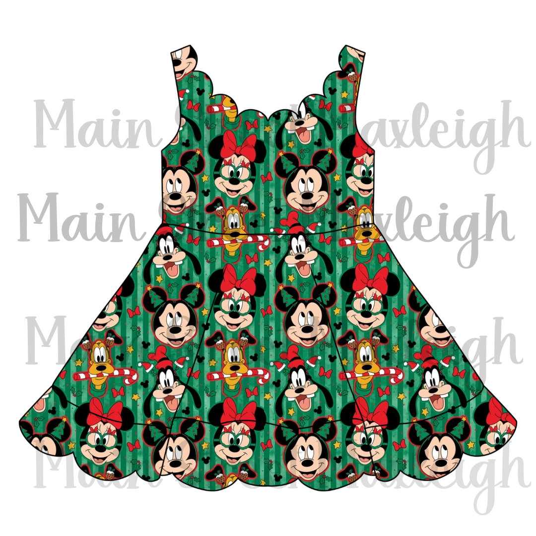 Green Christmas stripe scallop dress
