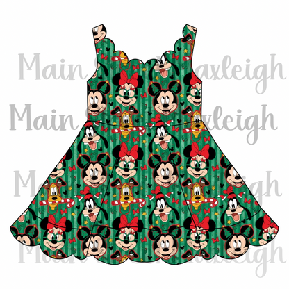 Green Christmas stripe scallop dress