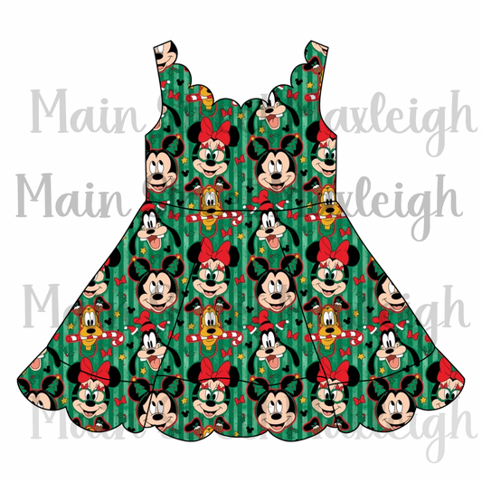 Green Christmas stripe scallop dress