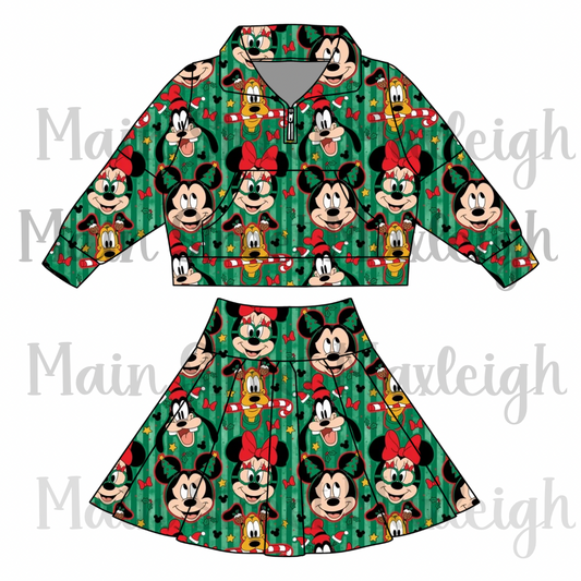 Green Christmas stripe zip set